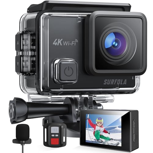 Surfola アクションカメラ 4K 30fps 20MP EIS手ぶれ補正 デュアルカラースクリーン 水中カメラ スポーツカメラ マイク付 170度魚眼レンズ Amazon | Surfola アクションカメラ 4K 30fps 20MP EIS手ぶれ補正